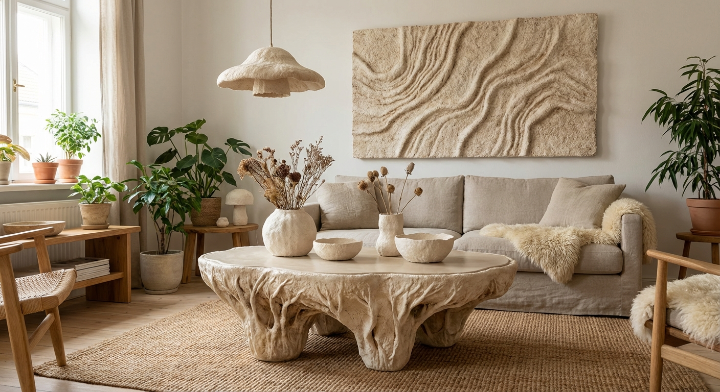 Suspension, table basse et cadre en mycélium.